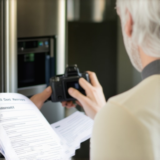 Homeowner examining warranty papers and capturing images of oven crack.