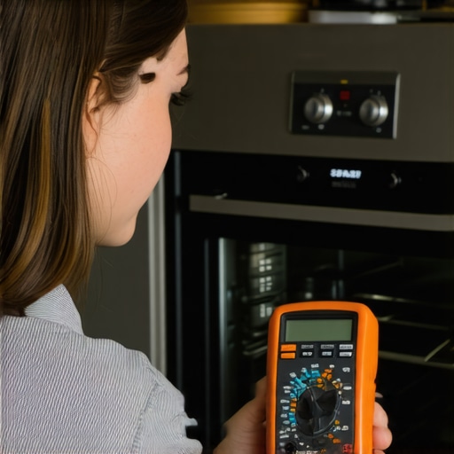 Person measuring oven sensor resistance using multimeter in kitchen