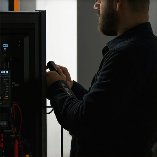 Technician using multimeter on refrigerator compressor during troubleshooting