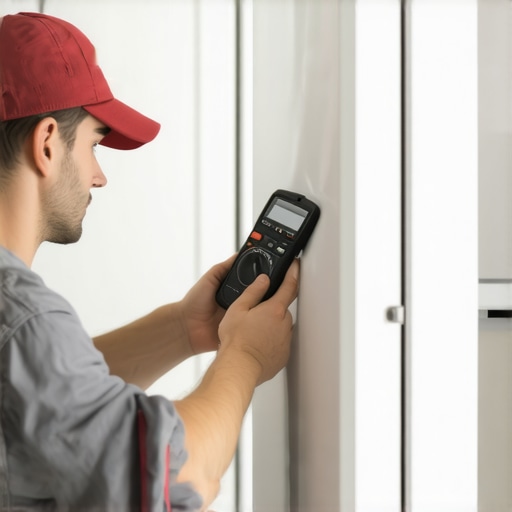 Technician testing a refrigerator's defrost heater using a multimeter during repair