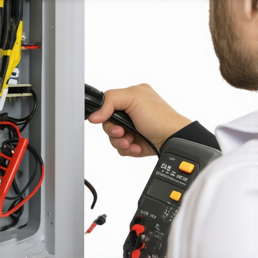 Technician testing a fridge compressor with a multimeter, emphasizing diagnostic process.
