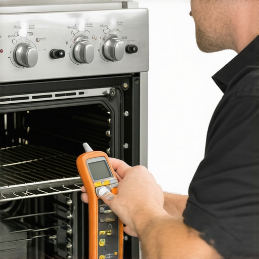 Technician testing oven components using multimeter and infrared thermometer for diagnostics.
