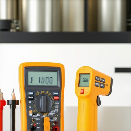 Close-up of a digital multimeter and infrared thermometer used for oven maintenance