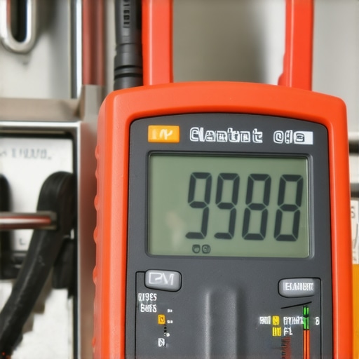 Multimeter Testing Oven Heating Element Close-up of a multimeter measuring resistance on an oven heating element during troubleshooting.