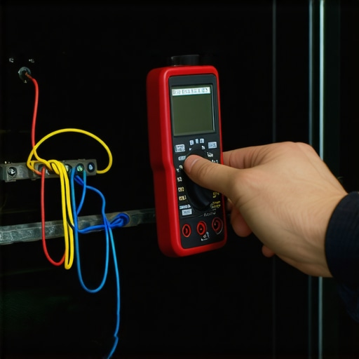 Technician using multimeter to test wiring inside oven control panel.