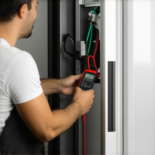 Technician using a multimeter to test the evaporator fan inside a fridge