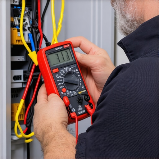 Technician using multimeter on refrigerator wiring for precise diagnostics.