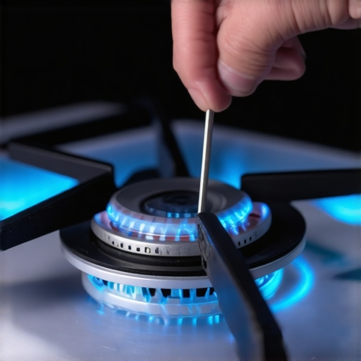 Person adjusting the air shutter on a gas stove burner to correct flame color.