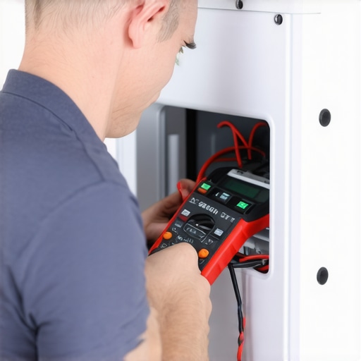 Person using a multimeter to test fridge parts for warranty claims