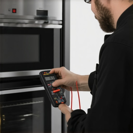 Technician performing diagnostic tests on oven and refrigerator with multimeter in workshop.