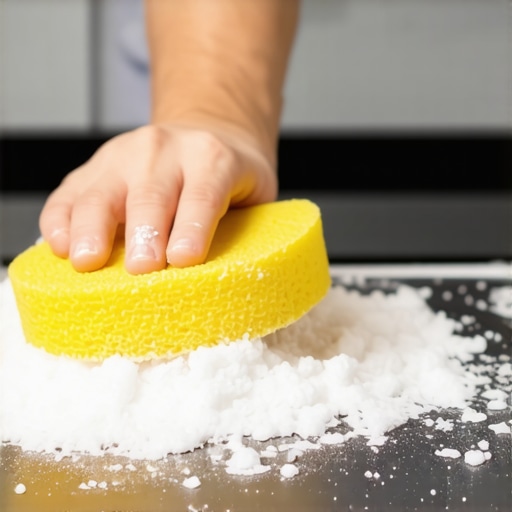 Person scrubbing oven floor with baking soda paste, demonstrating effective cleaning technique