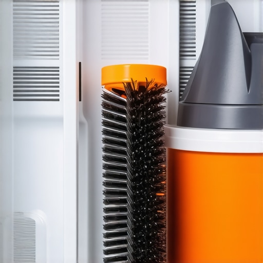 A person vacuuming and brushing the coils inside a refrigerator for maintenance