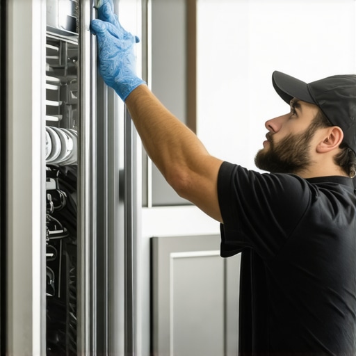 Technician cleaning condenser coils under a refrigerator