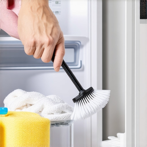 Person cleaning refrigerator defrost drain with a brush and tools.