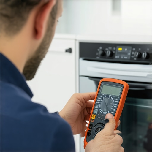 A person testing an appliance control panel with a multimeter in a modern kitchen.
