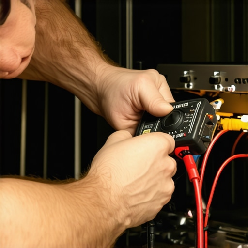 A technician testing an oven's heating element with a multimeter for continuity and proper function.