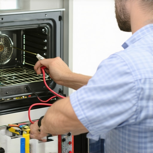 Technician checking oven components for faults with a multimeter.