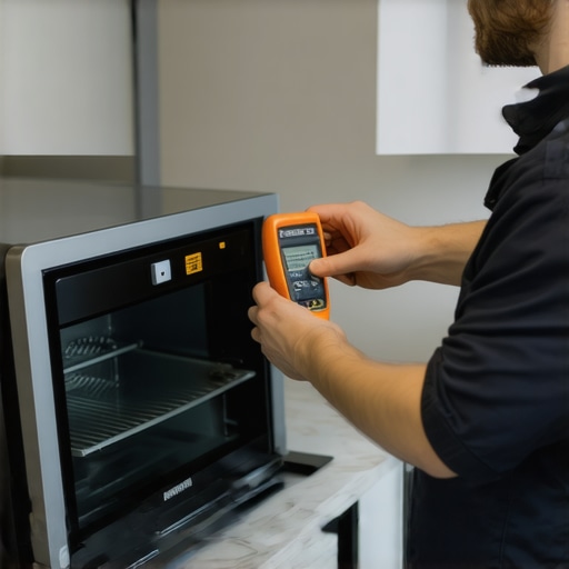 Technician using multimeter and infrared thermometer on oven and fridge components.