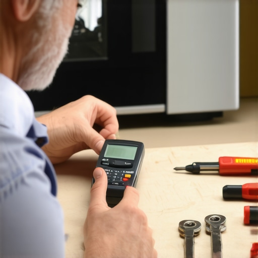 Person measuring appliance voltage with a multimeter during home repair