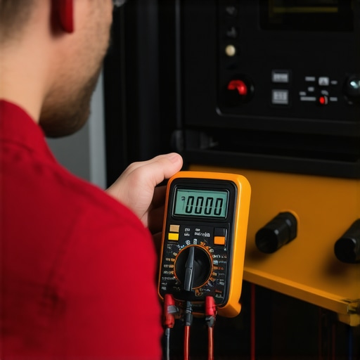 Person measuring appliance voltage with multimeter during repair process.