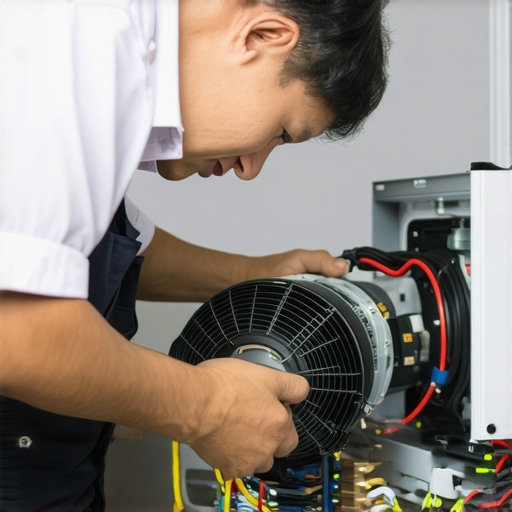 Technician checking compressor and fan motor inside a refrigerator
