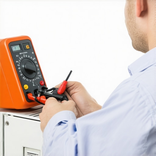 Technician using multimeter to diagnose inverter board in a refrigerator.