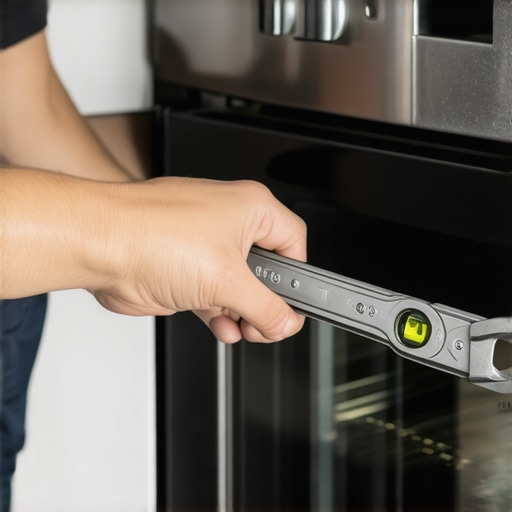 Person adjusting oven leveling feet with bubble level on the surface.