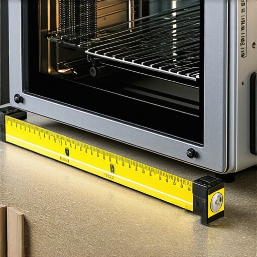 A person using a spirit level to ensure an electric oven is perfectly balanced on a countertop.