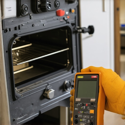 A person holding a digital multimeter testing an oven heating element in a workshop