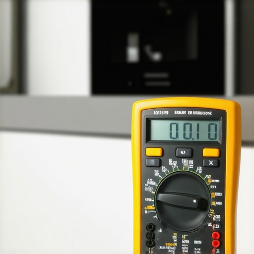 A technician using a multimeter to test a refrigerator sensor in a modern kitchen