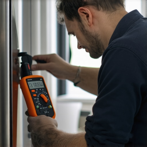 Technician testing refrigerator compressor using multimeter in kitchen
