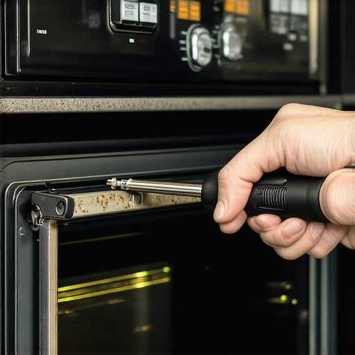 Close-up image of an oven door with the gasket being pried off using a screwdriver.