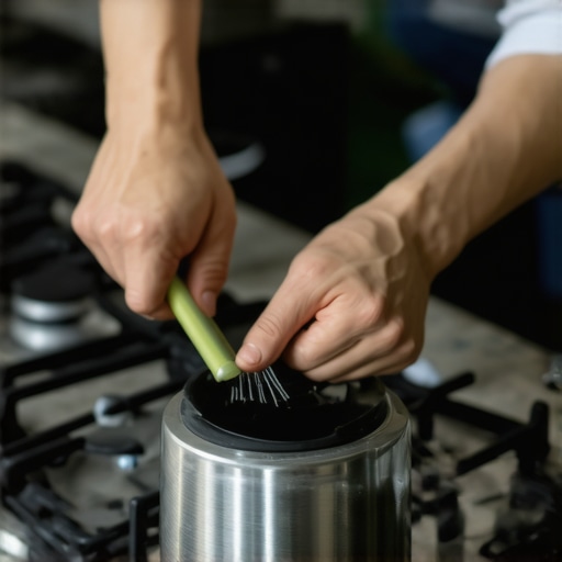 Person cleaning and correctly positioning a stove burner on the cooktop.