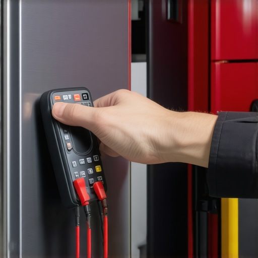 Professional technician testing a refrigerator's compressor with a multimeter in a clean, well-lit workshop