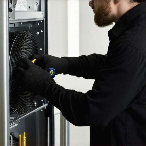 Technician checking refrigerator fan blades with tools in a kitchen