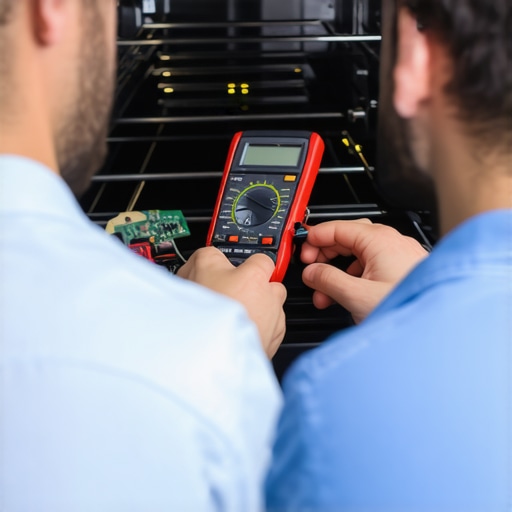 Technician using multimeter to diagnose oven control board repair.