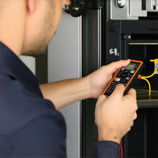Technician testing oven lock motor with multimeter