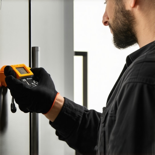 Testing refrigerator thermistor with multimeter Technician measuring refrigerator sensor resistance with multimeter.