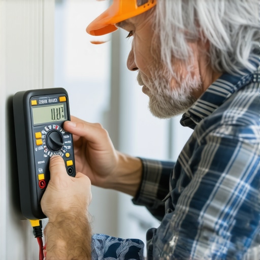 Homeowner testing refrigerator wiring with a multimeter during maintenance