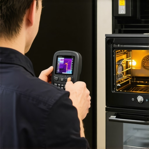 Technician holding a thermal imaging camera pointed at an oven, revealing heat spots and potential issues.