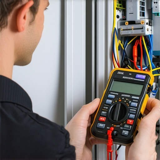 Technician testing refrigerator wiring with a digital multimeter