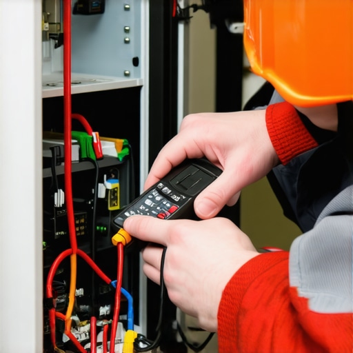 Technician measuring resistance with a multimeter on an appliance part in a workshop
