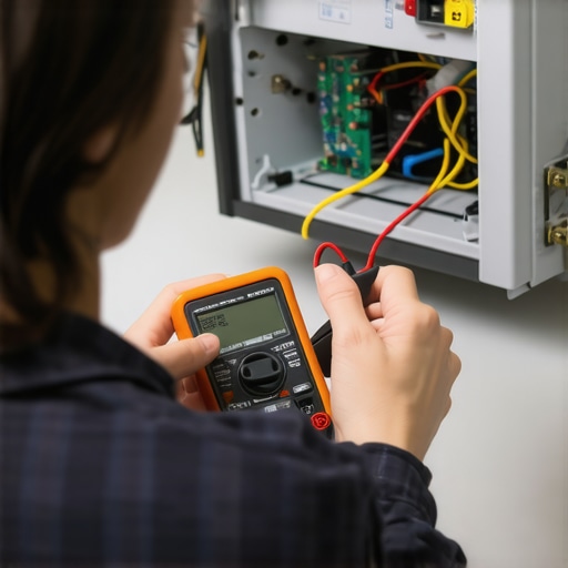 Close-up of a hand holding a multimeter testing a control circuit in an appliance, emphasizing precision tools.