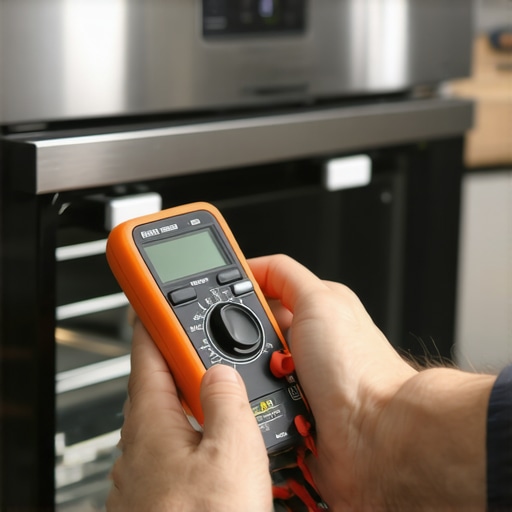 Technician testing oven heating element with multimeter