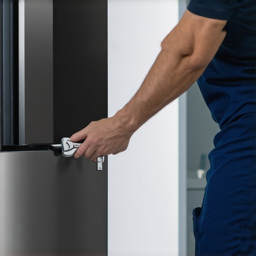 A person using a wrench to turn the adjustable leg of a refrigerator to level it