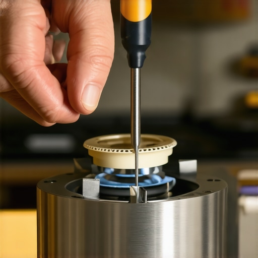Homeowner using screwdriver to adjust the spark electrode on a stove.