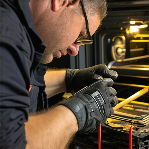 Advanced Oven Diagnostic Tools in Action Technician testing oven components with multimeter and infrared thermometer