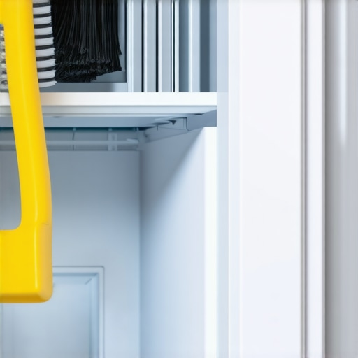 A person cleaning refrigerator coils with a vacuum and brush.