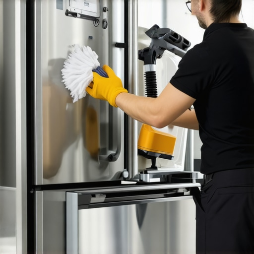Person using vacuum cleaner and brush to clean fridge coils in kitchen