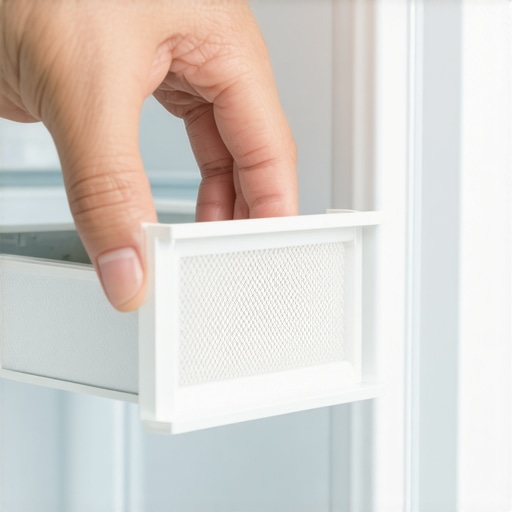 Person's hand unscrewing and cleaning the fridge drain line filter